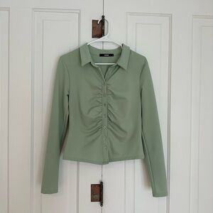 BIKBOK Green ButtonUp Long Sleeve Blouse • Sz Large • Quiet Luxury • Scandi Girl
